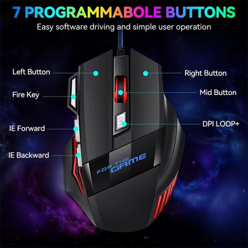 X8 Mechanical Wired Gaming Mouse 7 Keys Wired Ergonomic Mouse RGB Backlit Glowing USB 800/1200/ 1600/ 3200 Dpi Gaming Mouse