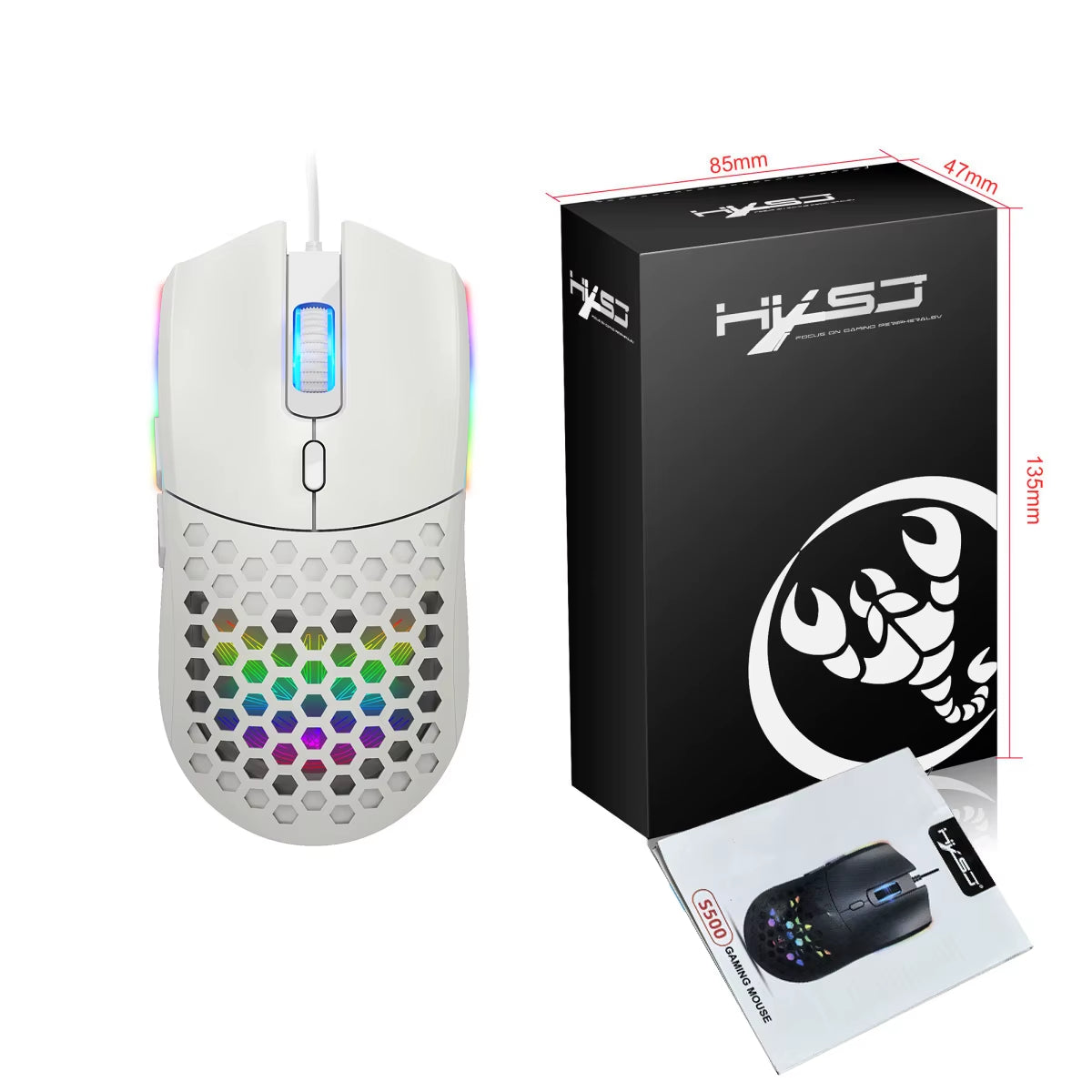 Wired Gaming Mouse Honeycomb Hollow Design Adjustable 6400 DPI Colorful Backlight 6 Keys Mouse for Home Office PC Gamer