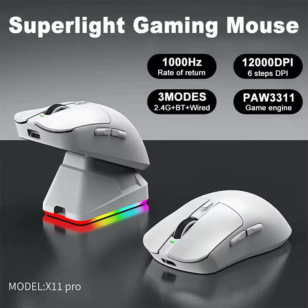 X11 Superlight Gaming Mouse PAW3311 Tri-Mode 2.4G/Bt/Wired12000 DPI RGB Lights Mouse PC Accessories with Magnetic Charging Dock