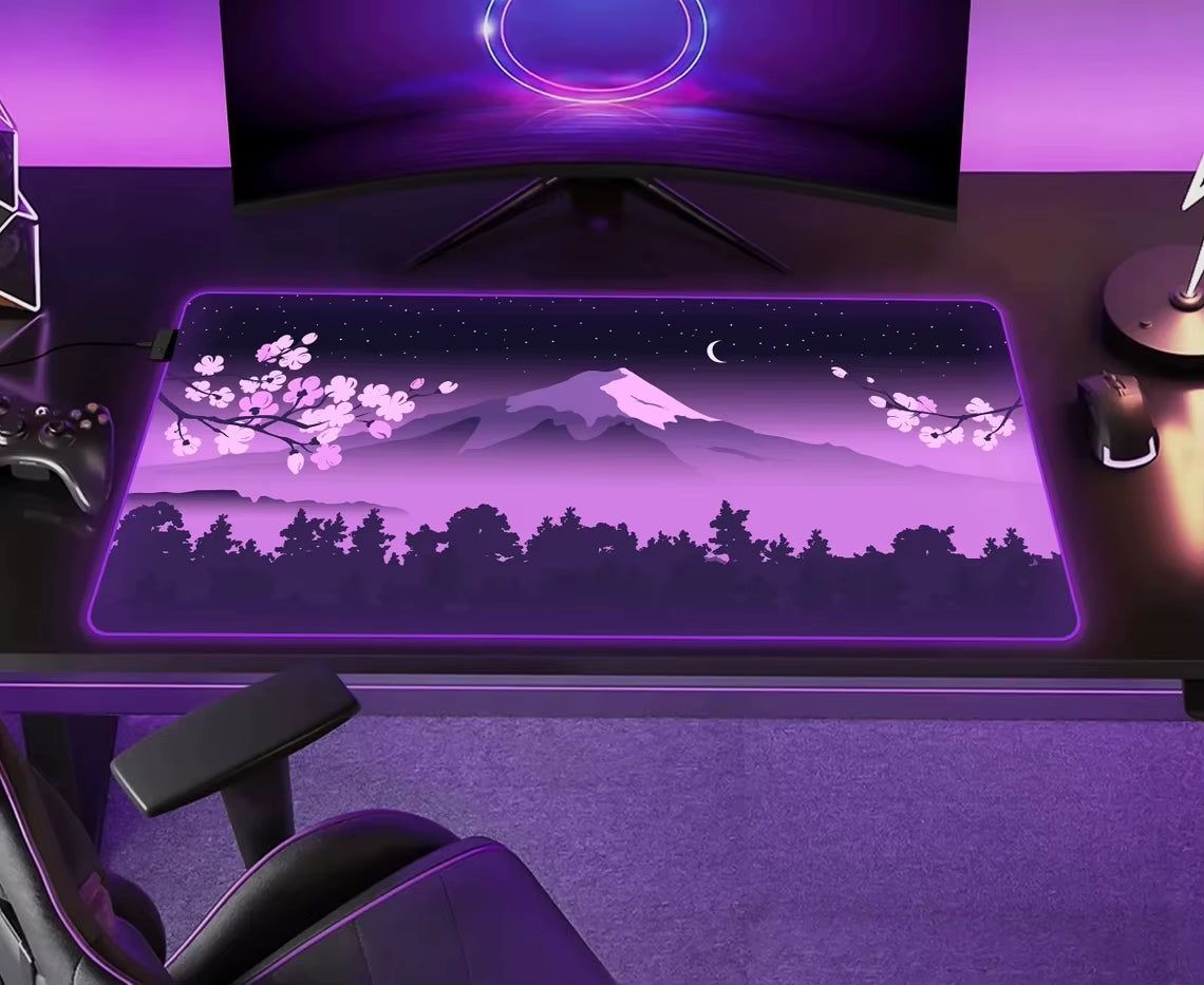 Purple Mouse Pad RGB Fuji Desk Mat Gaming Mousepad Japanese Night Pink Black Mountain Landscape XXL Large LED RGB Gaming Deskmat