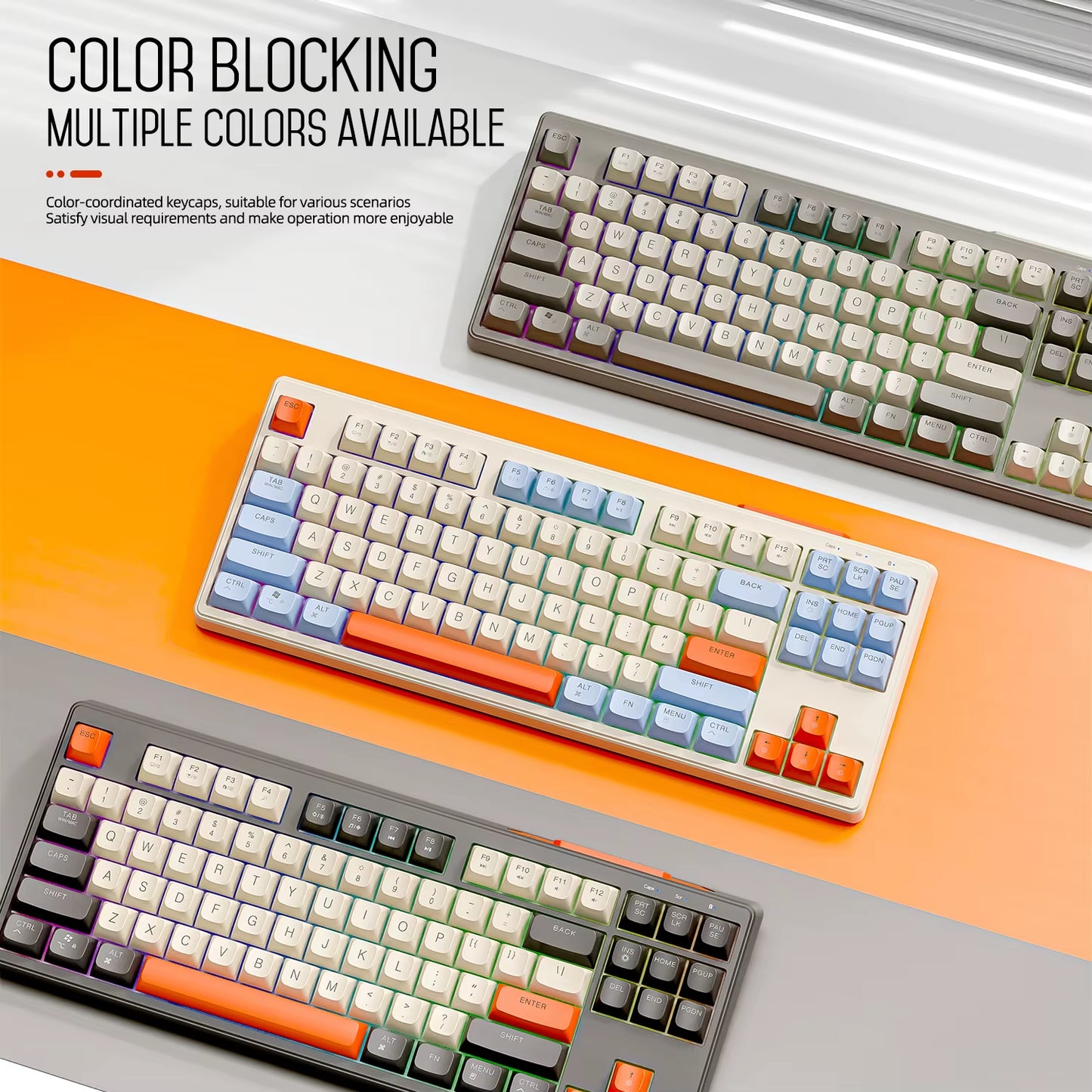 M87 Wireless Keyboard Gaming,87Keys Dual Mode Bluetooth Keyboard with Rainbow-Light RGB,PBT Ballcaps for Silent Office Gaming