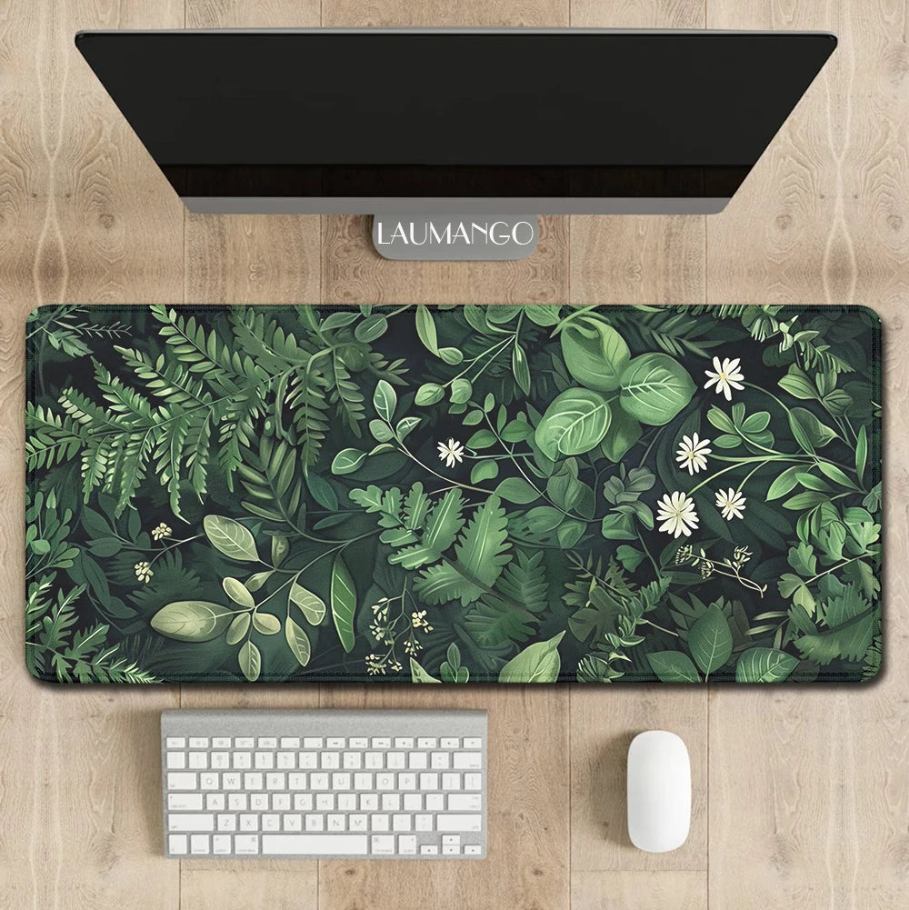 Forest Gaming Mouse Pad Vintage Floral Green Leaves Aesthetic Large Gaming Mousepad Gamer Desk Mat Nature Inspired Desk Mat