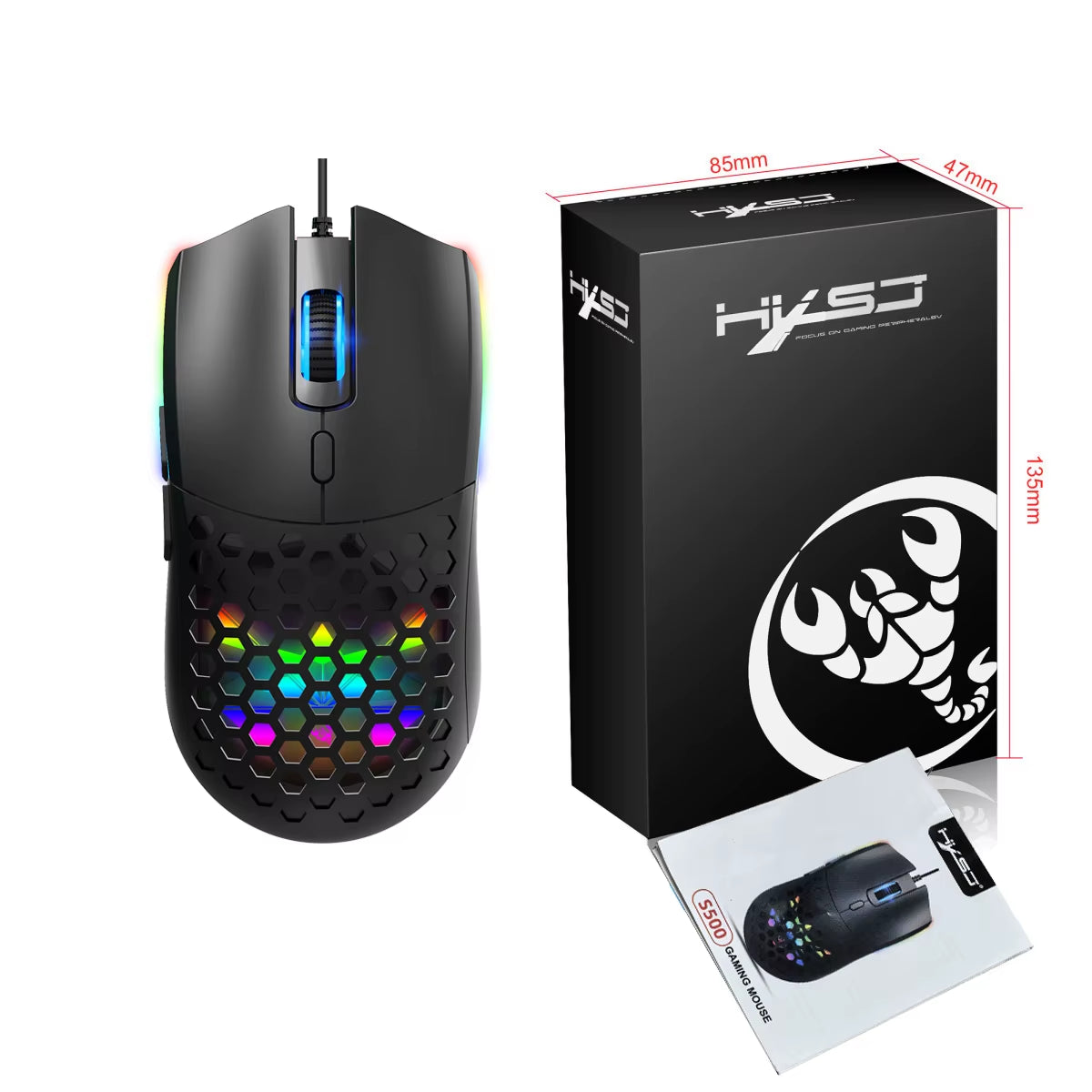 Wired Gaming Mouse Honeycomb Hollow Design Adjustable 6400 DPI Colorful Backlight 6 Keys Mouse for Home Office PC Gamer