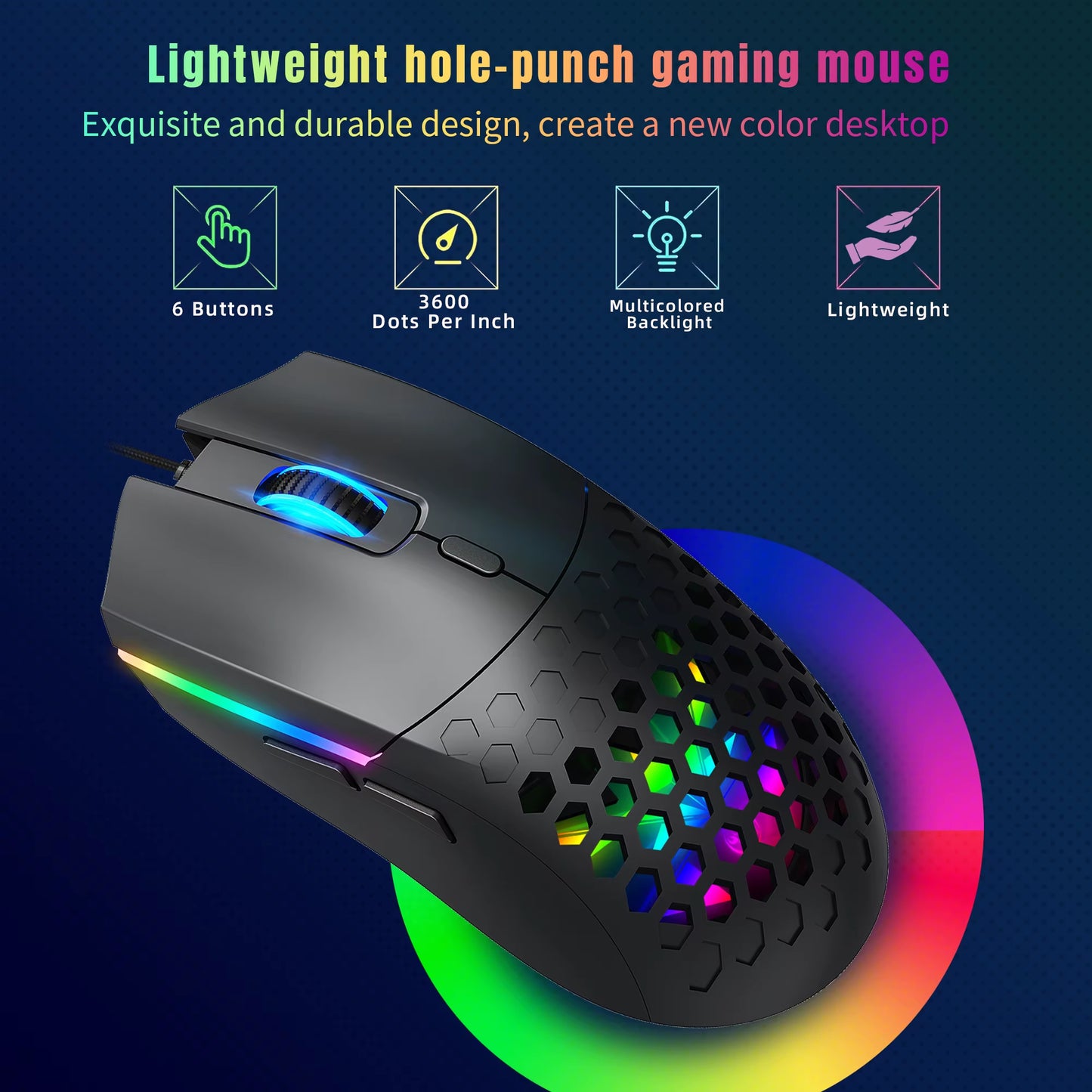 Wired Gaming Mouse Honeycomb Hollow Design Adjustable 6400 DPI Colorful Backlight 6 Keys Mouse for Home Office PC Gamer