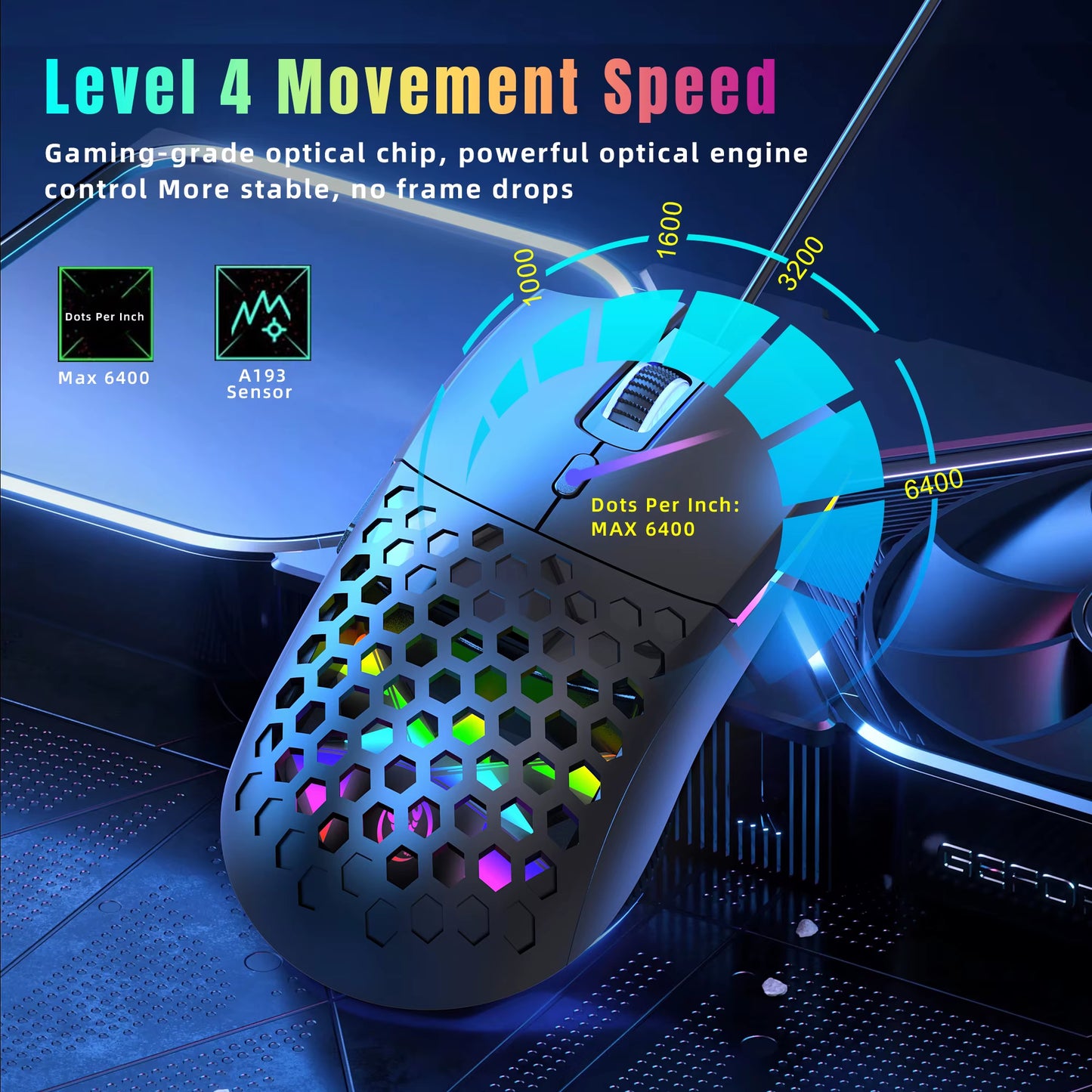 Wired Gaming Mouse Honeycomb Hollow Design Adjustable 6400 DPI Colorful Backlight 6 Keys Mouse for Home Office PC Gamer