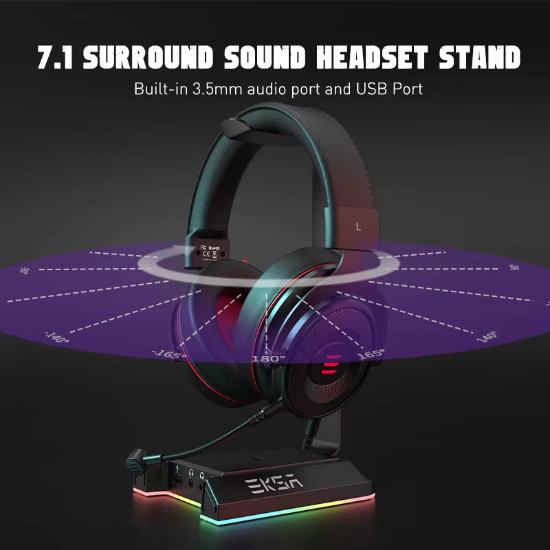 W1 Gaming Headset Stand with 7.1 Surround/2 USB and 3.5Mm Ports RGB Headphones Holder for Gamer Gaming PC Accessories Desk
