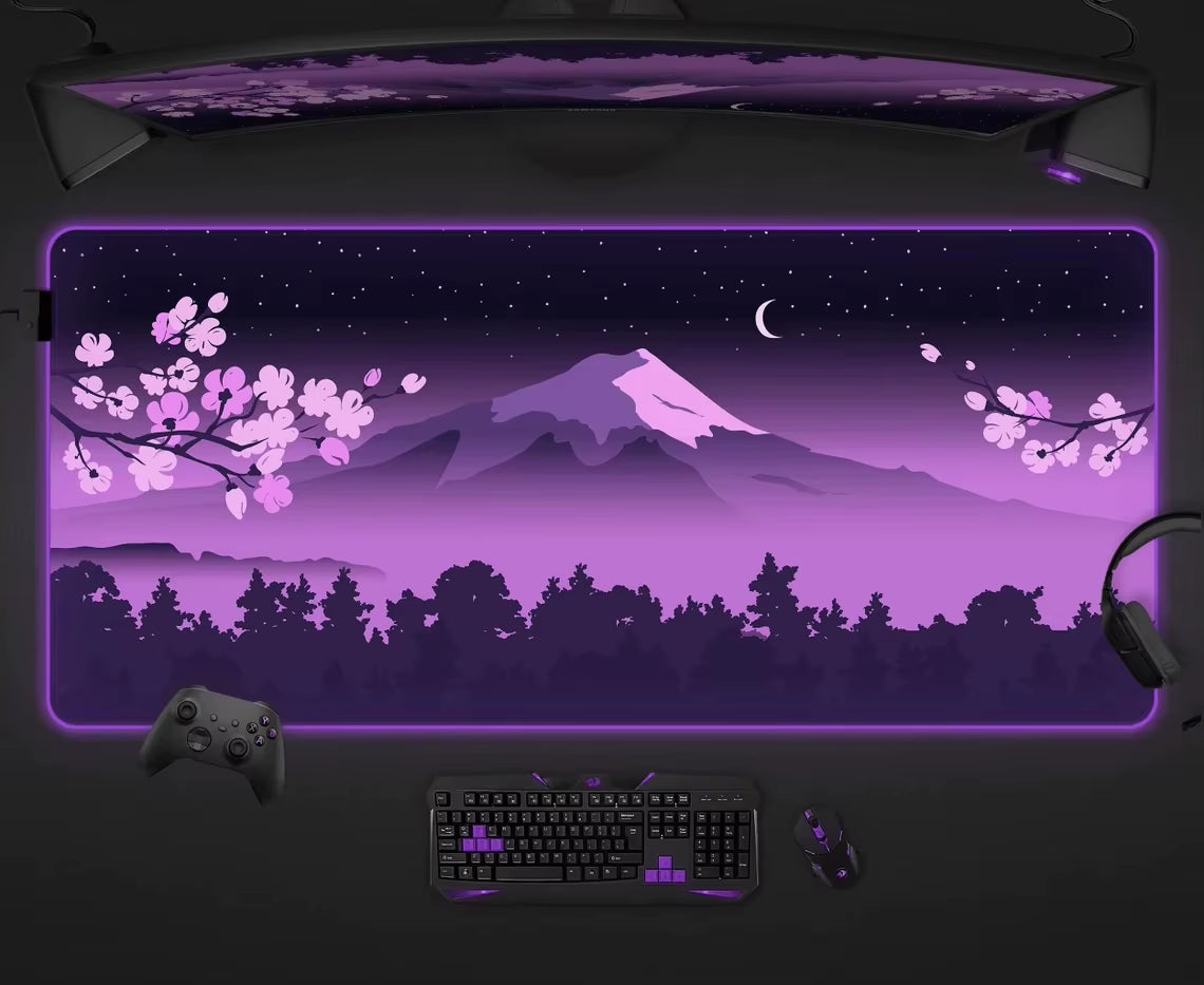 Purple Mouse Pad RGB Fuji Desk Mat Gaming Mousepad Japanese Night Pink Black Mountain Landscape XXL Large LED RGB Gaming Deskmat