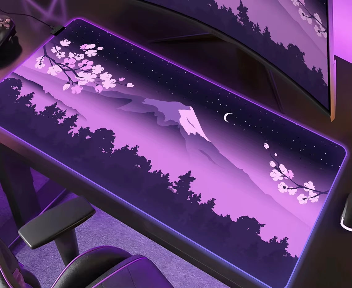 Purple Mouse Pad RGB Fuji Desk Mat Gaming Mousepad Japanese Night Pink Black Mountain Landscape XXL Large LED RGB Gaming Deskmat