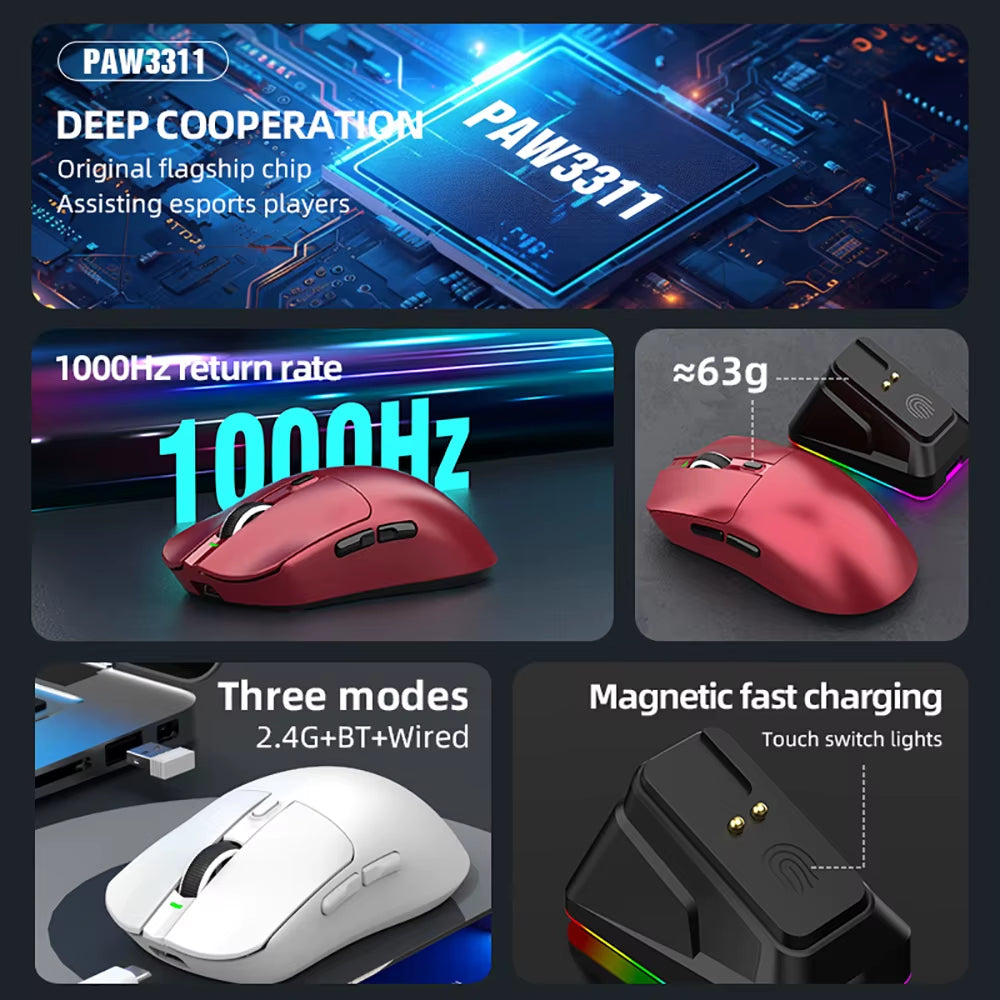 X11 Superlight Gaming Mouse PAW3311 Tri-Mode 2.4G/Bt/Wired12000 DPI RGB Lights Mouse PC Accessories with Magnetic Charging Dock