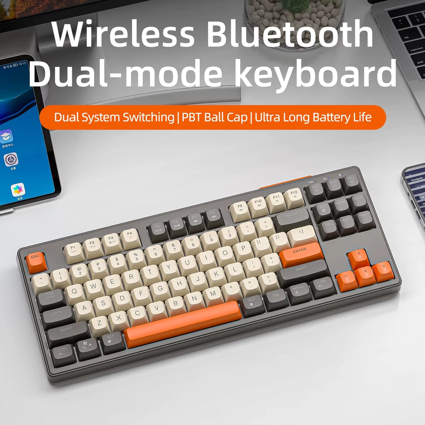 M87 Wireless Keyboard Gaming,87Keys Dual Mode Bluetooth Keyboard with Rainbow-Light RGB,PBT Ballcaps for Silent Office Gaming