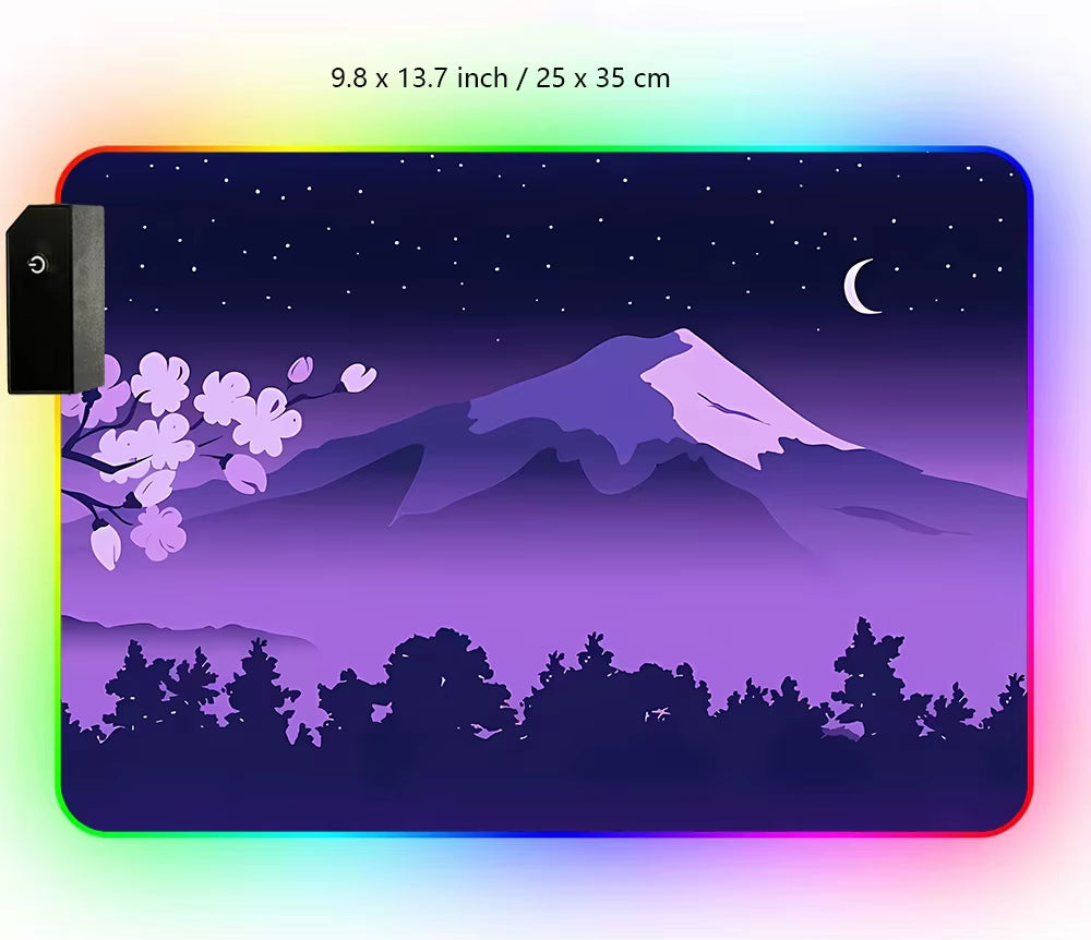 Purple Mouse Pad RGB Fuji Desk Mat Gaming Mousepad Japanese Night Pink Black Mountain Landscape XXL Large LED RGB Gaming Deskmat