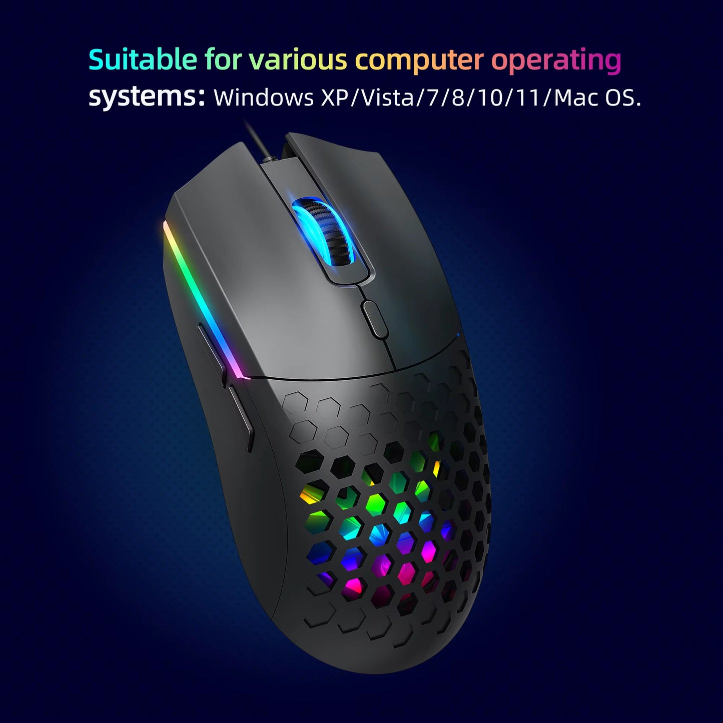 Wired Gaming Mouse Honeycomb Hollow Design Adjustable 6400 DPI Colorful Backlight 6 Keys Mouse for Home Office PC Gamer