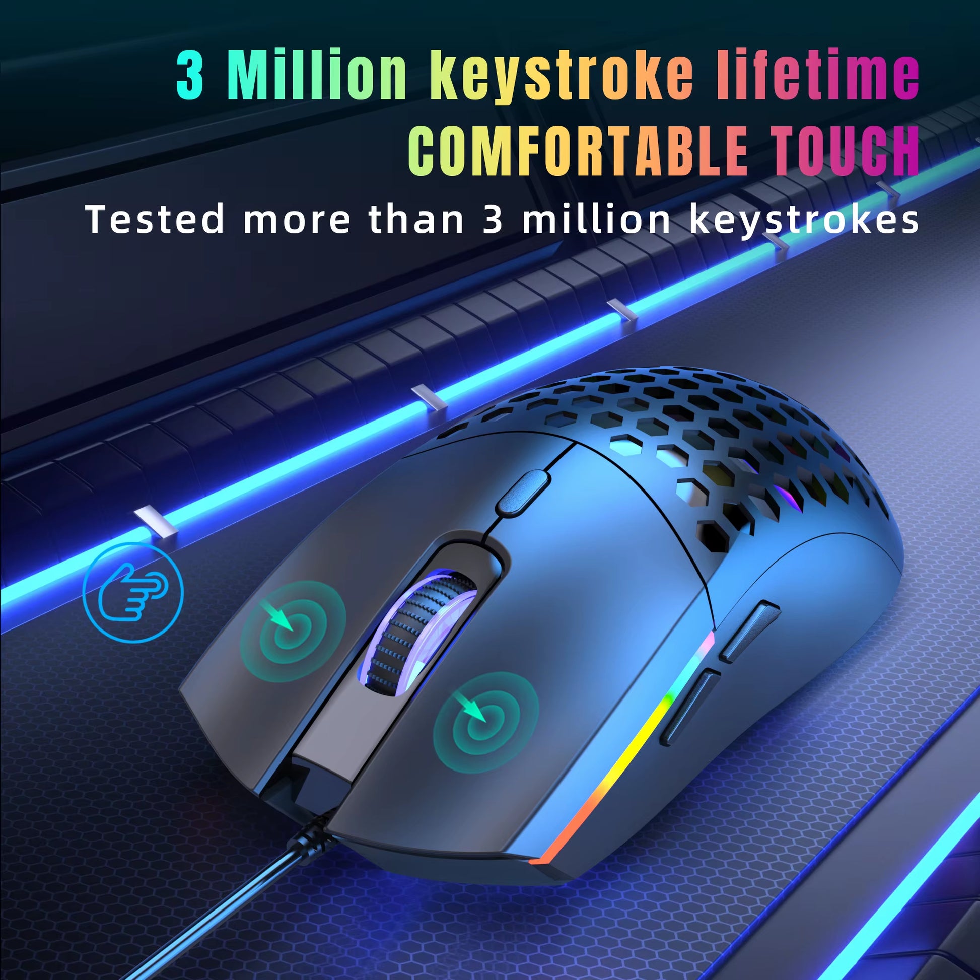 Wired Gaming Mouse Honeycomb Hollow Design Adjustable 6400 DPI Colorful Backlight 6 Keys Mouse for Home Office PC Gamer