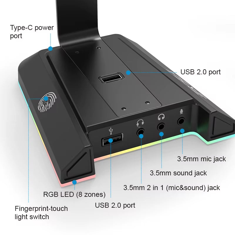 W1 Gaming Headset Stand with 7.1 Surround/2 USB and 3.5Mm Ports RGB Headphones Holder for Gamer Gaming PC Accessories Desk