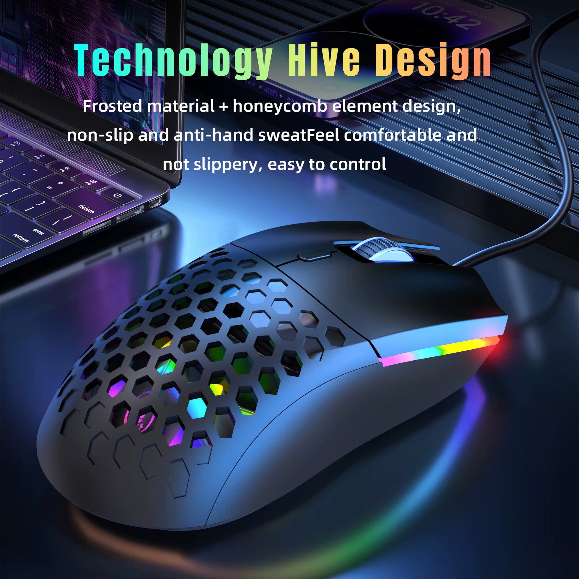 Wired Gaming Mouse Honeycomb Hollow Design Adjustable 6400 DPI Colorful Backlight 6 Keys Mouse for Home Office PC Gamer