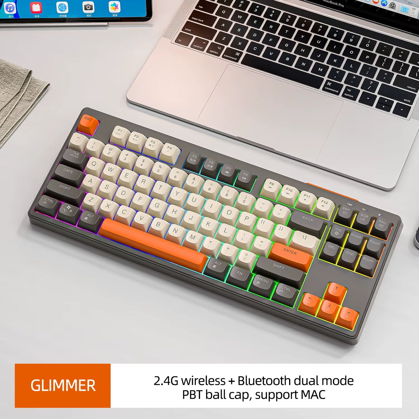 M87 Wireless Keyboard Gaming,87Keys Dual Mode Bluetooth Keyboard with Rainbow-Light RGB,PBT Ballcaps for Silent Office Gaming