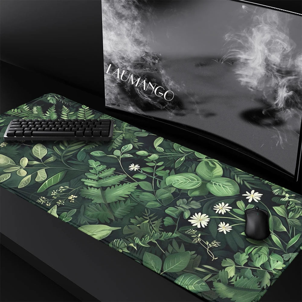 Forest Gaming Mouse Pad Vintage Floral Green Leaves Aesthetic Large Gaming Mousepad Gamer Desk Mat Nature Inspired Desk Mat