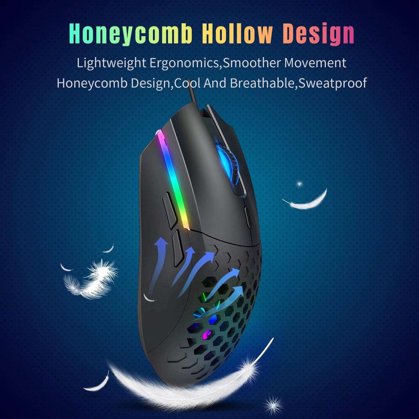 Wired Gaming Mouse Honeycomb Hollow Design Adjustable 6400 DPI Colorful Backlight 6 Keys Mouse for Home Office PC Gamer