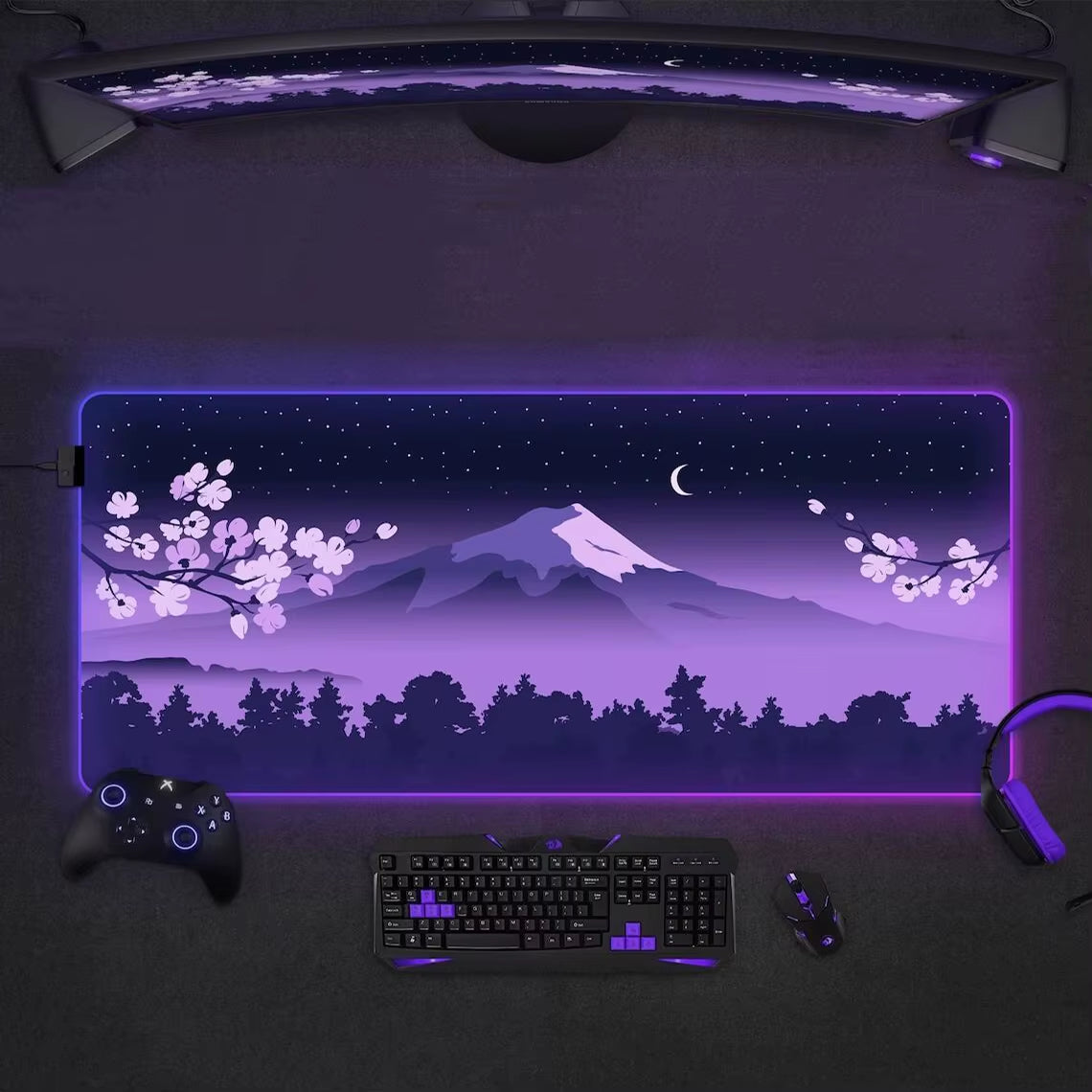 Purple Mouse Pad RGB Fuji Desk Mat Gaming Mousepad Japanese Night Pink Black Mountain Landscape XXL Large LED RGB Gaming Deskmat